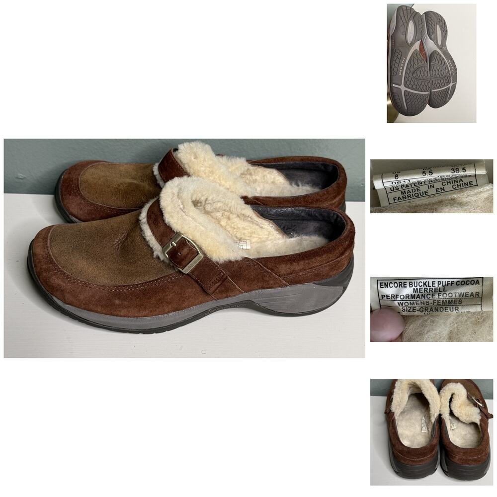 Merrell Women’s 8 Cocoa Brown Suede Encore Buckle Puff Fleece Lined Clogs